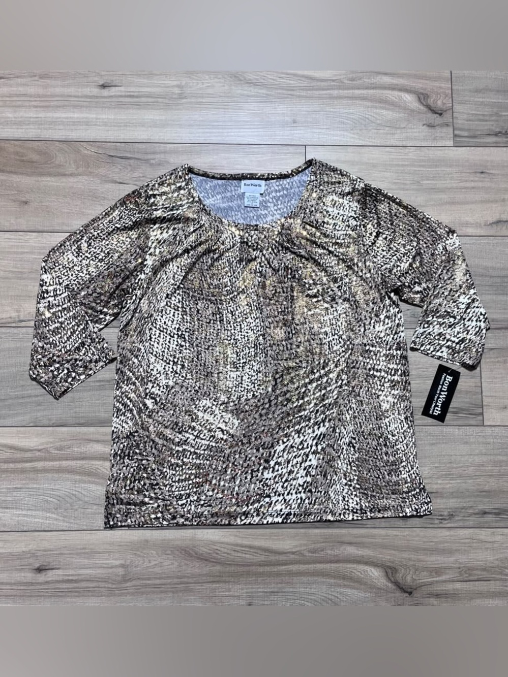 Bonworth Womens 3/4 Sleeve Shimmery Animal Print Top Size M Browns Black Gold